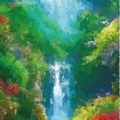 Fototapeta na wymiar Oil painting and various floral landscapes, roses, peonies, waterfalls, lotus leaves, lotus flowers, and beautiful animals