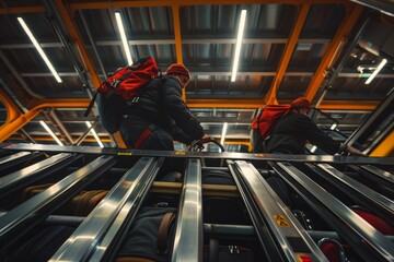 Two individuals ascending an escalator inside a building