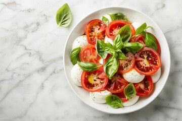 A white bowl brimming with fresh tomatoes and basil leaves, creating a colorful and appetizing display