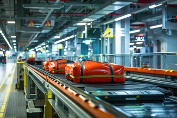 A conveyor belt moving various pieces of luggage through an airports baggage handling system - obrazy, fototapety, plakaty