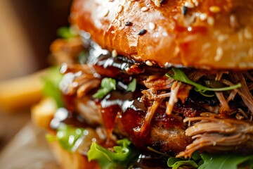 A detailed view of a delicious sandwich filled with juicy pulled pork and crisp lettuce, showcasing the savory meat and fresh greens - obrazy, fototapety, plakaty