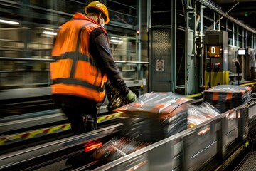 A man wearing an orange safety vest is actively moving a conveyor belt in a commercial setting