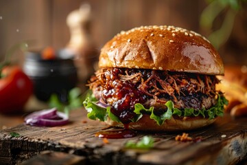 Closeup of a delicious pulled pork sandwich served on a rustic wooden cutting board, showcasing the glistening sauce and juicy meat - obrazy, fototapety, plakaty