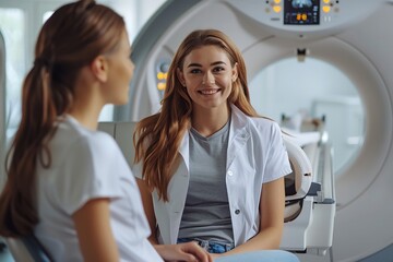 A female patient is being expressed to and given feedback by the female doctor who is standing next to her in the MRI machine and space, Generative AI. - obrazy, fototapety, plakaty
