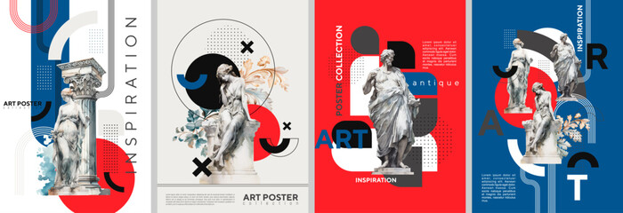 Stylish posters with watercolor antique statues and geometric shapes
