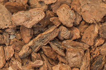 Pieces pile of tree bark brown decorative natural background texture