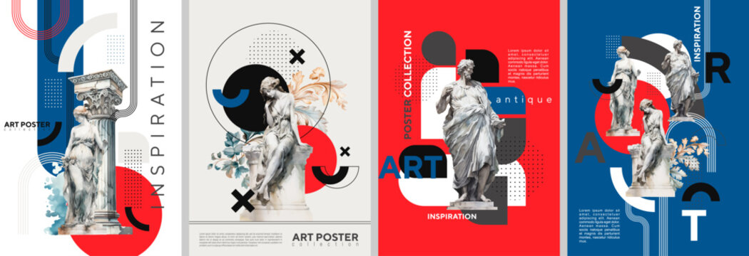 Naklejki Stylish posters with watercolor antique statues and geometric shapes