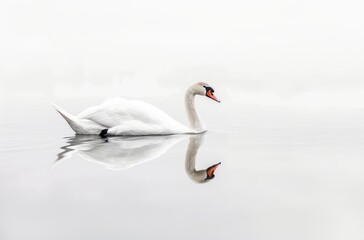 Graceful Swan Swimming on Calm Water, its Reflection Visible, Isolated on White. Generative AI.
