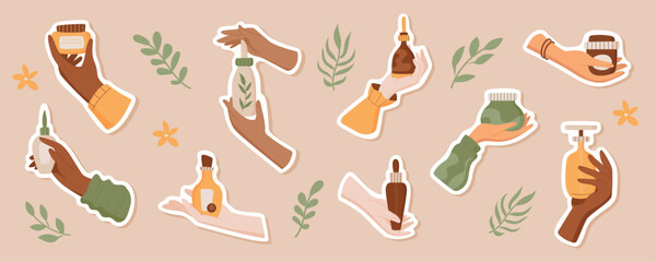 Hand holds natural beauty product sticker pack, minimal cleansing cosmetic label set, isolated eco skin care oil tube, cartoon moisturizing skincare cream bottle patch collection, vector illustration.