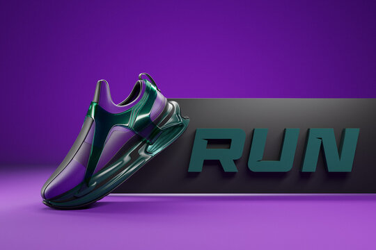 3d illustration of colorful new sports sneakers on a huge foam sole with the inscription run, sneakers in ugly style. Fashionable sneakers. - Powered by Adobe
