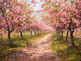 A painting of a path through a field of pink flowers