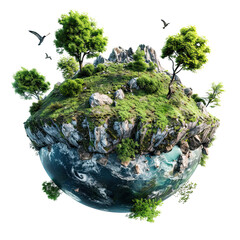 3d illustration of floating fantasy green grass island with plant earth eco friendly, isolated on white background, png