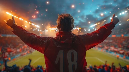 Fototapeta na wymiar Back view fans raising arms while celebrating victory in soccer stadium. Generative AI