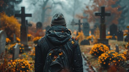 Back view of unrecognizable man in warm clothes and hat walking in cemetery - Generative AI - obrazy, fototapety, plakaty