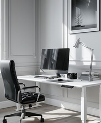 A lifestyle shoot man's modern desk setup tidy and clean  white and gray color scheme