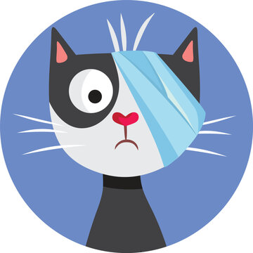 Sick Cat Having a Bandage Over her Eye Vector Illustration Character. Unhappy vector cat suffering from being wounded receiving treatment 

