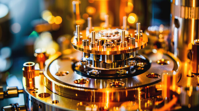 Quantum computer, gold silver mechanism isolated on white background. Mechanism, quantum computing, quantum cryptography, steampunk, Q bits, parallel computing. 3D illustration, 3D render