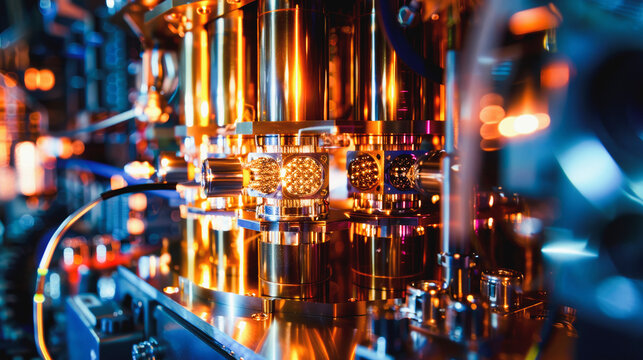 Quantum computer, gold silver mechanism isolated on white background. Mechanism, quantum computing, quantum cryptography, steampunk, Q bits, parallel computing. 3D illustration, 3D render