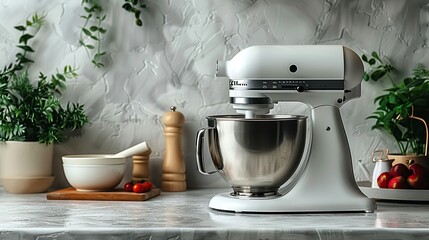 An electronic kitchen mixer in the color white silver over a white kitchen setting useful kitchen product and space, Generative AI. - obrazy, fototapety, plakaty