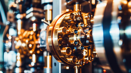 Quantum computer, gold silver mechanism isolated on white background. Mechanism, quantum computing, quantum cryptography, steampunk, Q bits, parallel computing. 3D illustration, 3D render