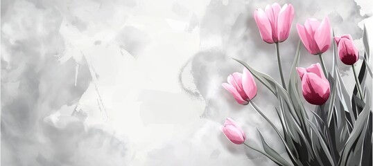 Watercolor painting of soft pink tulips with hints of gray, in light gray background.