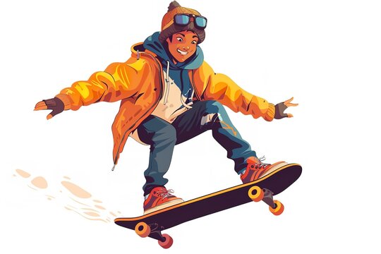 An vector image of a young man riding a skateboard and dressed cool stylishly emerges over a white backdrop and space, Generative AI.
