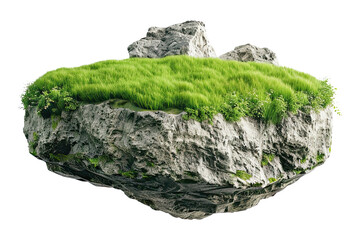 3d illustration of flying paradise rock floating island with green grass field, isolated on white background, png
