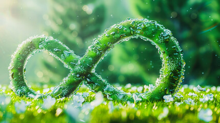 Circular economy symbol against the backdrop of a fern in the forest. Circular economy concept for future business growth and environmental improvement, sustainable development. - obrazy, fototapety, plakaty