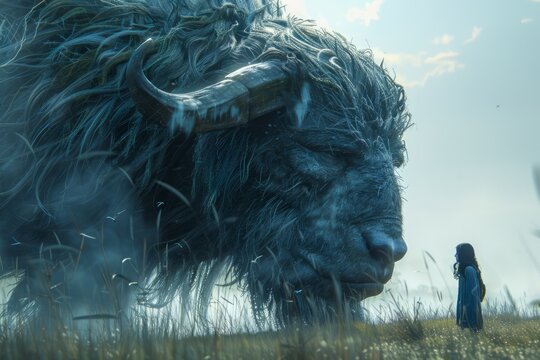 Majestic Mythical Creature Approaching a Lone Female Figure in a Mystical Landscape