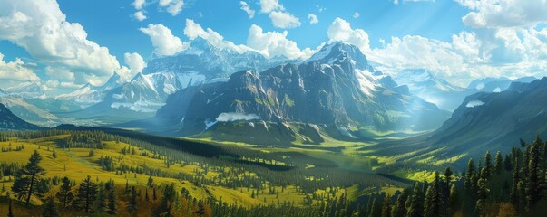 A beautiful mountain landscape with snow-capped peaks and a bright blue sky - obrazy, fototapety, plakaty