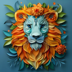Paper cut colored lion head with orange flowers on blue background