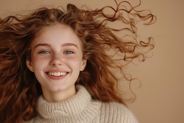 Caucasian young exquisite lady over a beige setting with waved curly locks and an exuberant brighten up smile and space, Generative AI. - obrazy, fototapety, plakaty