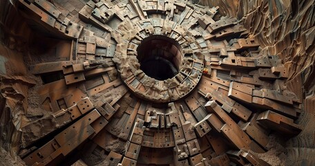 Tunnel boring machine head, close view, artificial lighting, wide angle, monumental earth carving. b