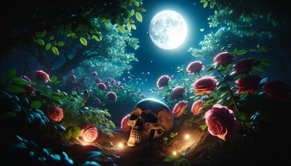 Skull Amidst Blooming Roses Under Full Moon Light