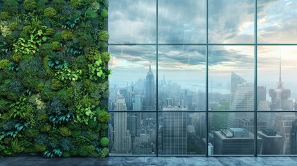 A cityscape with a green wall of plants in the background