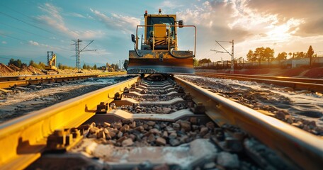 Railway track laying machinery, close-up, midday sun, wide angle, infrastructure expansion in action.  - obrazy, fototapety, plakaty