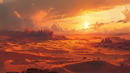 A desert landscape with a sun setting in the background