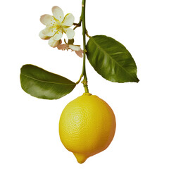 A lemon, a citrus fruit tree, with leaves and a flower hanging from it on a transparent background