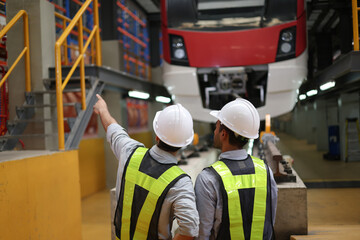 Two railway engineers are working to inspect the electrical train rail system after it runs and is parked at the platform for preventive maintenance.