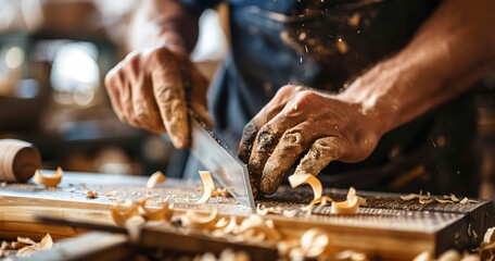 Carpenter's hands chiseling wood detail, close view, soft indoor light, wide lens, craftsmanship. 