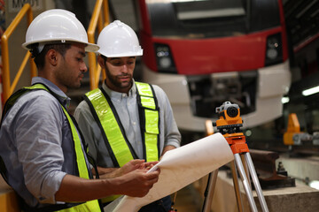 Two skilled electric train engineers are diligently surveying and checking to ensure the plan matches the blueprint and survey camera in the electric train maintenance shop, to submit work on the spec