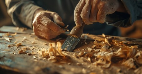 Carpenter's hands chiseling wood detail, close view, soft indoor light, wide lens, craftsmanship. 
