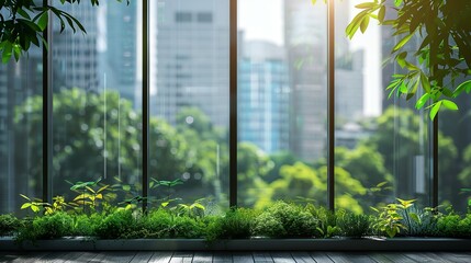 Eco-friendly urban landscape as seen over a window at an enclosed office or working premises eco glass see through window and space, Generative AI.