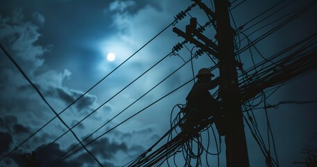 Electrician wiring under moonlight, close view, artificial light, wide lens, night shift detail.
 - obrazy, fototapety, plakaty