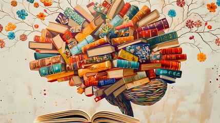 A digital brain made of books and icons representing knowledge, illustrating the concept that educational tools