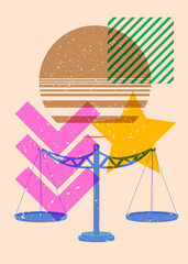 Risograph Scale with geometric shapes. Objects in trendy riso graph print texture style design with geometry elements.