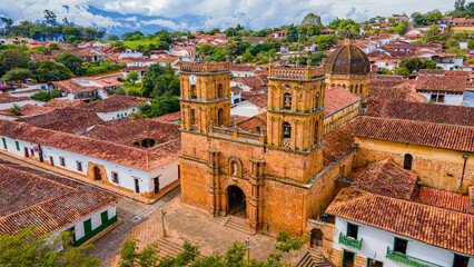 Aerial view of Barichara, Santander, Colombia, showcasing historic architecture and vibrant greenery