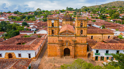 Aerial view of Barichara, Santander, Colombia, showcasing colonial architecture and cathedral