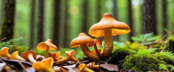A close-up of a chanterelle mushroom in the autumn forest, showcasing its vibrant colors and unique texture - obrazy, fototapety, plakaty
