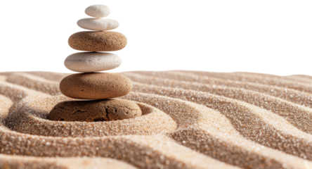 Zen stones pyramid on the sand isolated on transparent background
